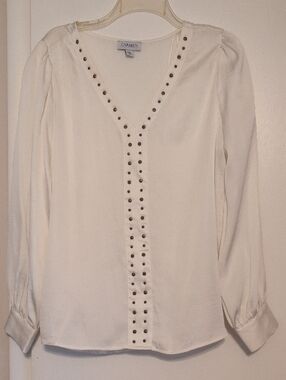 Carmen Marc Valvo Ivory V-Neck Stud-Trim Long Sleeve Blouse